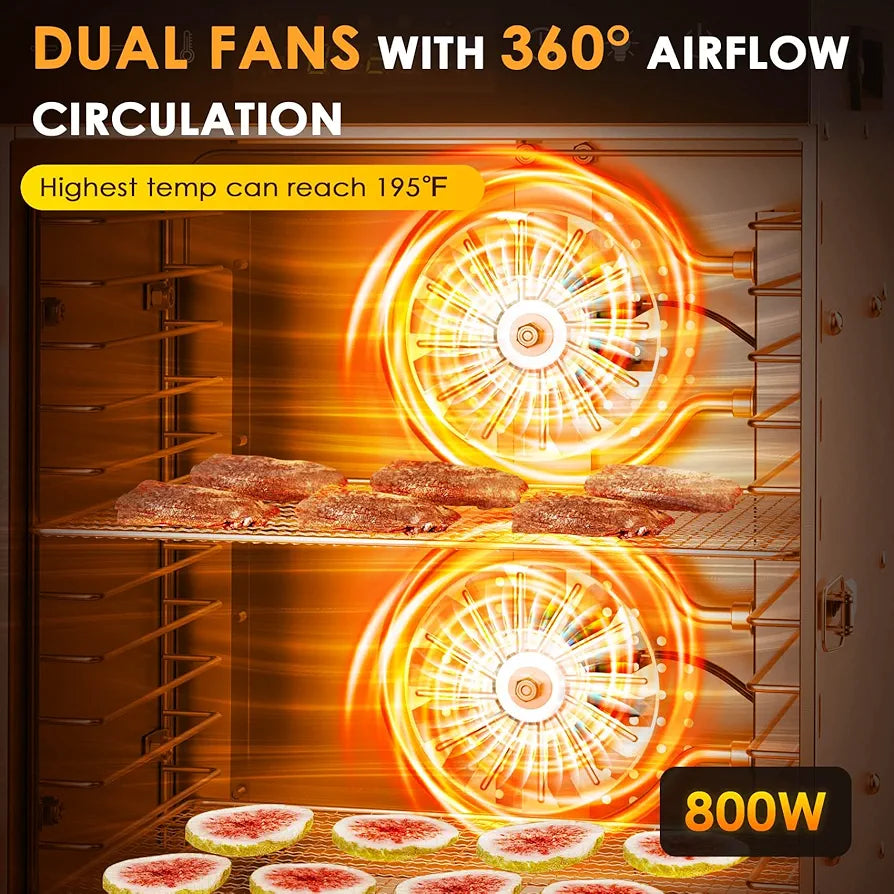 Oven with dual fans and 360-degree airflow, showing food being cooked.