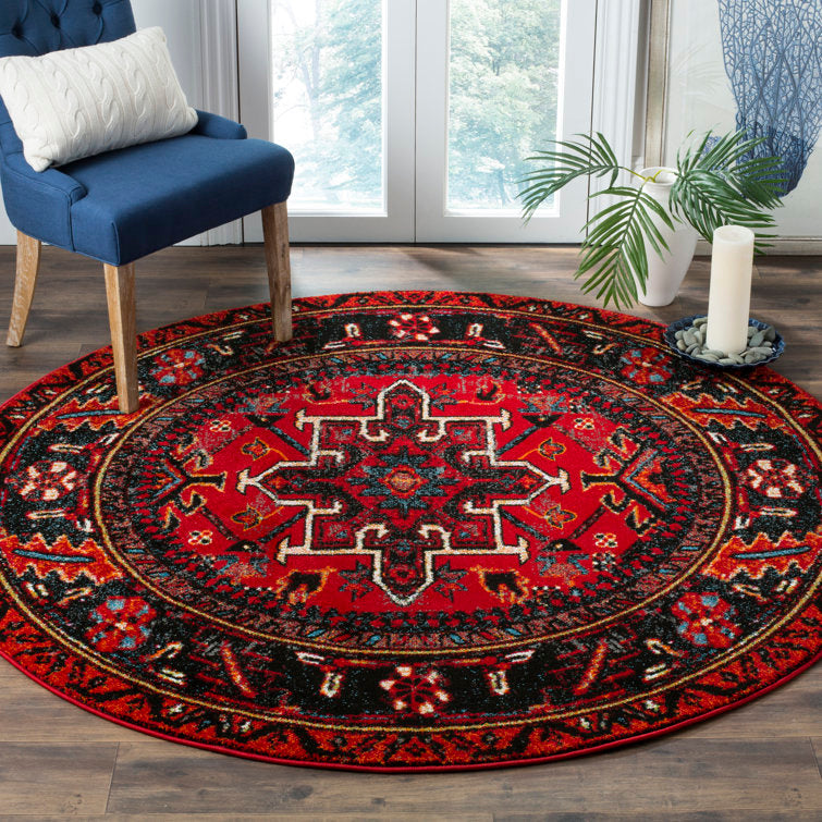 Tapis rond Amaniya rouge style sud-ouest, 2,74 m (9 pi)