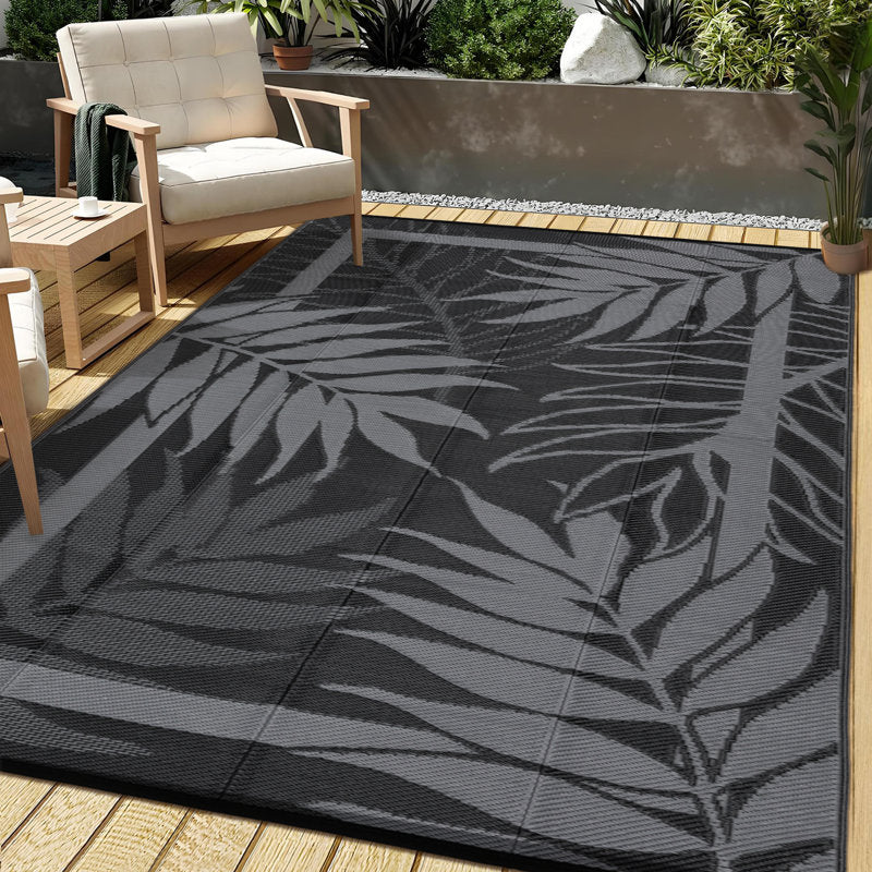 Modern 9 x 12 leaf pattern outdoor rug for indoor and outdoor patios and porches - Waterproof, washable, no shedding, and easy to clean