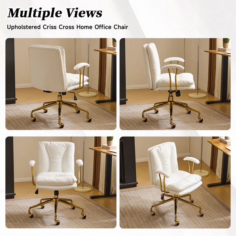 Chaise de bureau pivotante rembourrée en PU de 24 pouces de largeur (blanc et or)