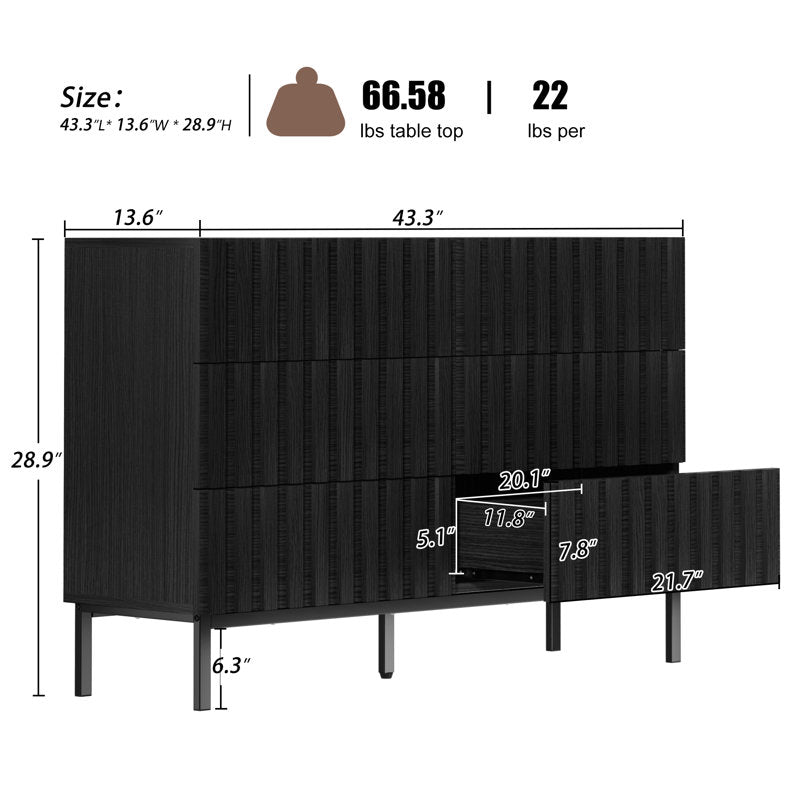 Commode double Endress à 6 tiroirs, 110 cm de largeur (NOIR) 