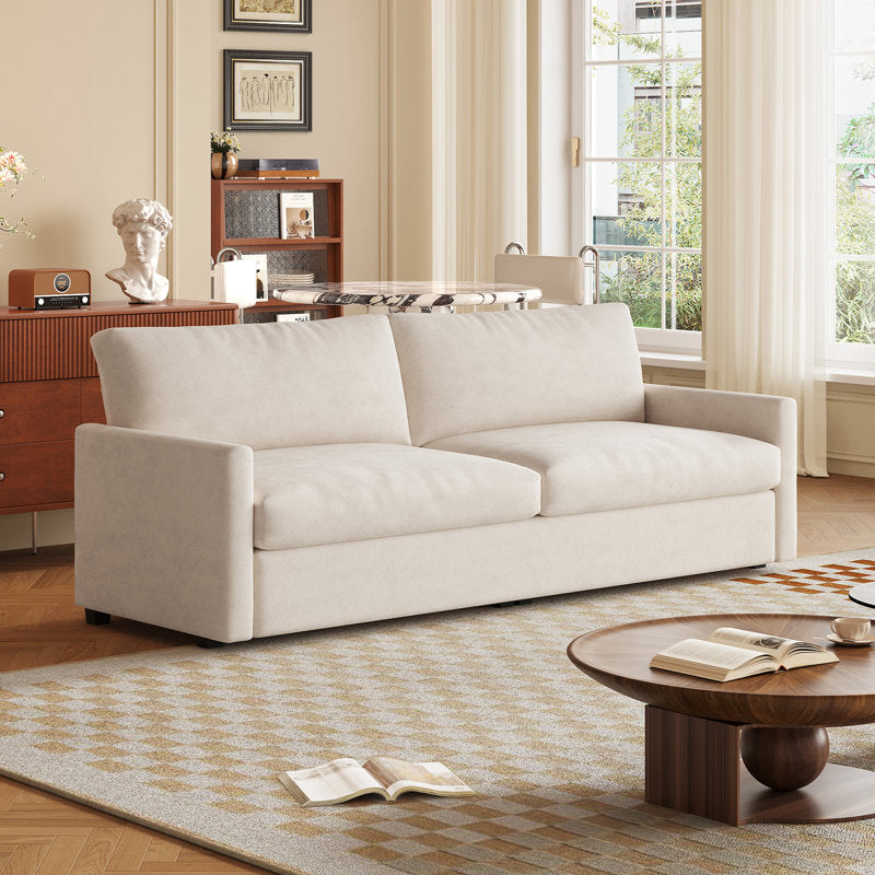 Small 75" sofa bed, comfortable 2-seater cream white sofa, upholstered sofa for small spaces