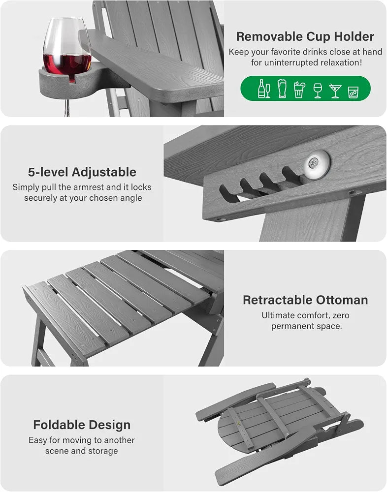 Adjustable Adirondack Chair with Footrest, 5-Level Adjustable Adirondack Chair with Retractable Ottoman & Cup Holder, Folding Adirondacks Chairs Use for Outdoor, Pool and Patio
