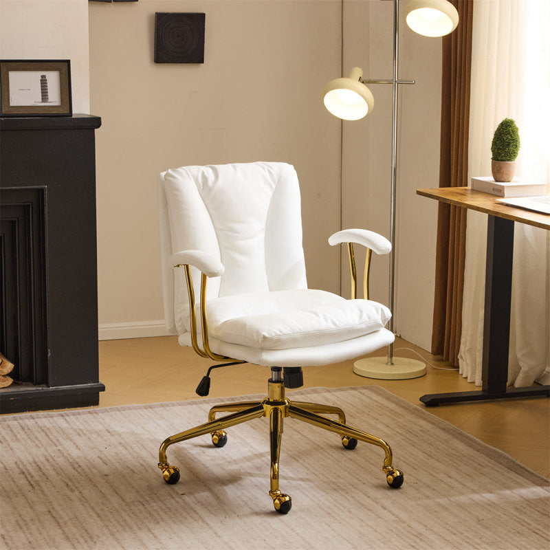 Chaise de bureau pivotante rembourrée en PU de 24 pouces de largeur (blanc et or)