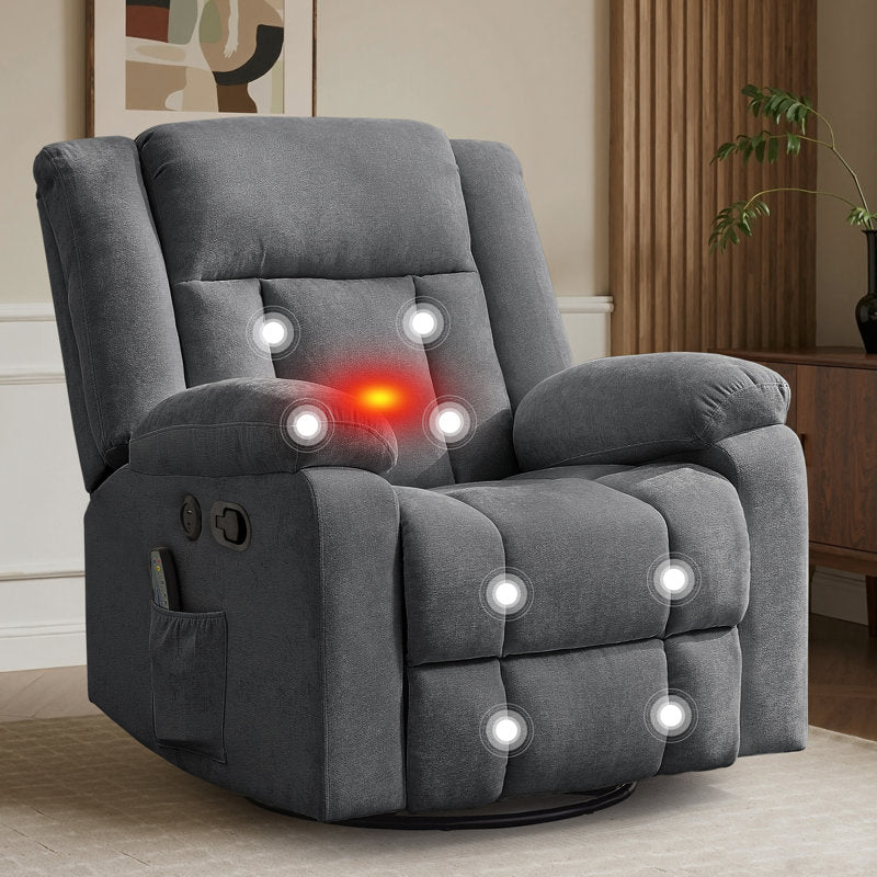 Recliner chair, rocking recliner with heat and massage, 360° swivel recliner for adults with side pocket and USB ports