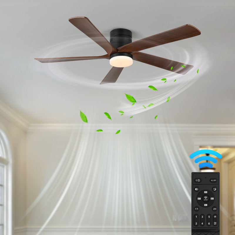 52-inch recessed ceiling fan with lights and remote control, wood grain effect farmhouse fan, stepless dimming, low-profile LED light, 6 speeds, reversible