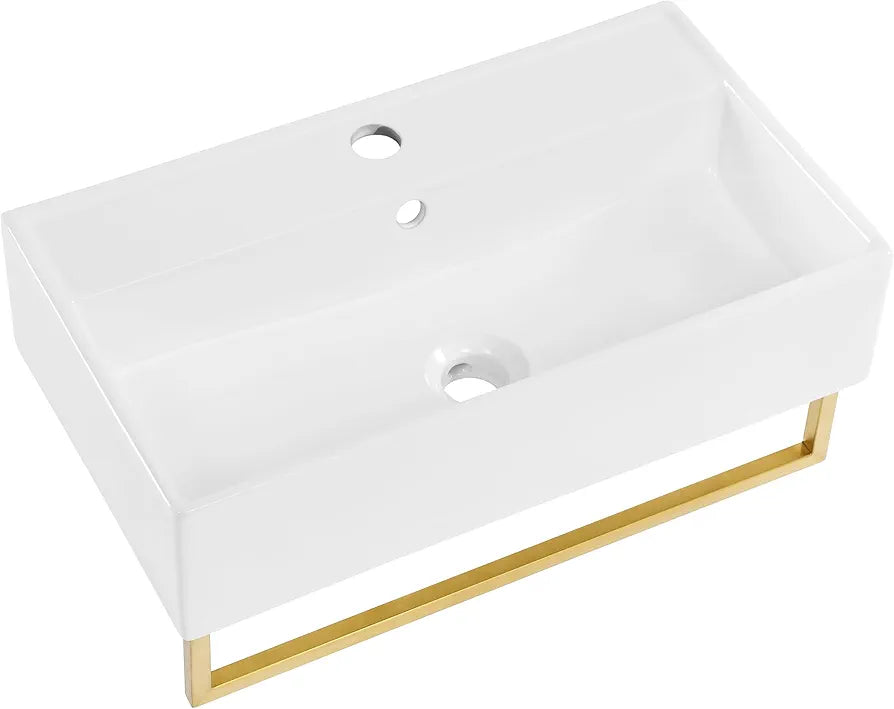Swiss Madison Claire 22" Wall-Mount Bathroom Sink with Integrated Towel Bar, Rectangular Ceramic Basin, Space-Saving Modern Design, Single Faucet Hole, Glossy White with Brushed Gold