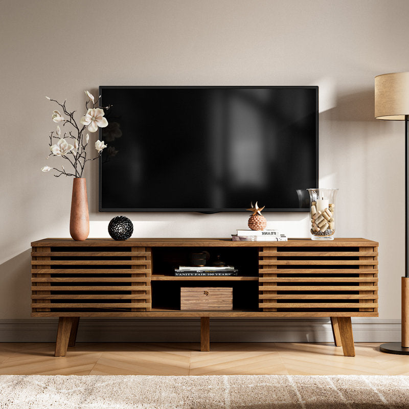 Meuble TV Caistor 59" pour téléviseurs jusqu'à 65", centre de divertissement moderne du milieu du siècle avec étagères, bois brun foncé
