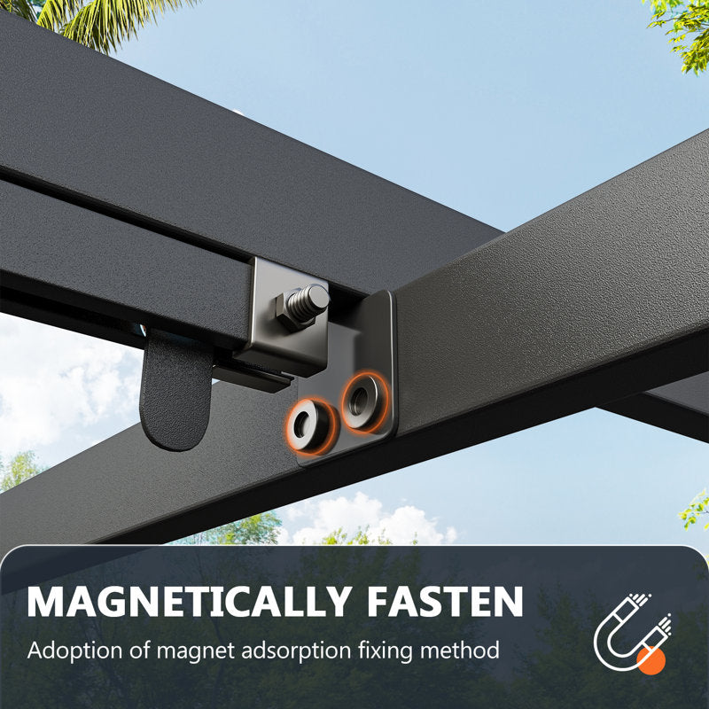 Outdoor metal pergola with retractable canopy and anchoring bracket, 8x8 ft D