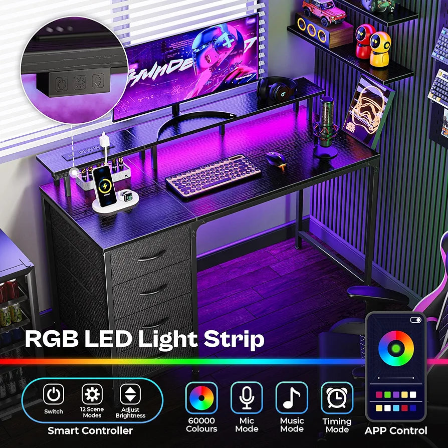 Bureau informatique Huuger 47 pouces avec prises de courant et lumières LED, bureau de gaming avec 4 tiroirs, bureau d'ordinateur avec support d'écran, pour étude, travail à domicile, petits espaces, noir