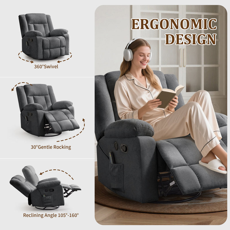 Recliner chair, rocking recliner with heat and massage, 360° swivel recliner for adults with side pocket and USB ports