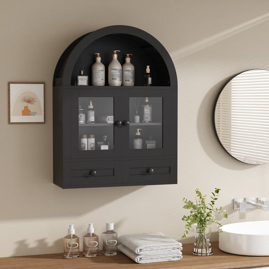 Arched wall cabinet with glass doors and drawers, curved storage cabinet above the toilet with adjustable shelf (black)