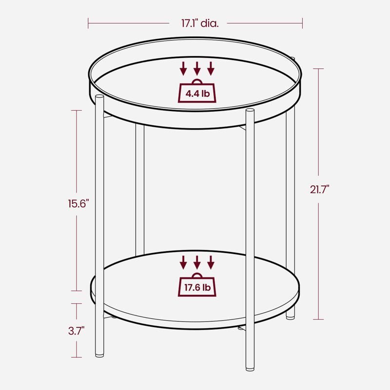 Measurement chart of a round table with dimensions and weight indicators.