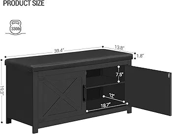 Banc de rangement pour chaussures de style campagnard, banc à chaussures à 2 niveaux avec coussin d'assise rembourré et 2 portes de grange, banc d'entrée avec étagère réglable, meuble à chaussures pour salon, chambre, antique (noir)
