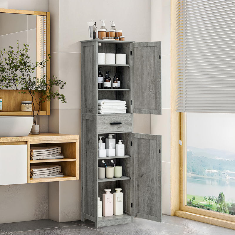 Armoire de salle de bain grise haute avec 4 étagères, 2 portes et 1 tiroir