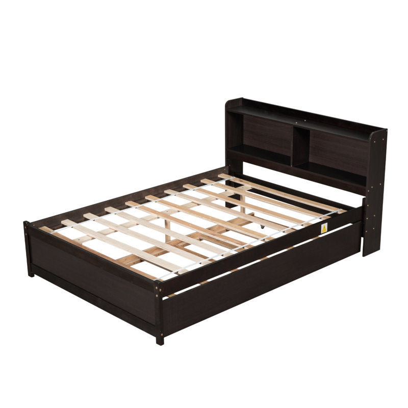 Wooden Bed with Trundle Bed and Bookcase