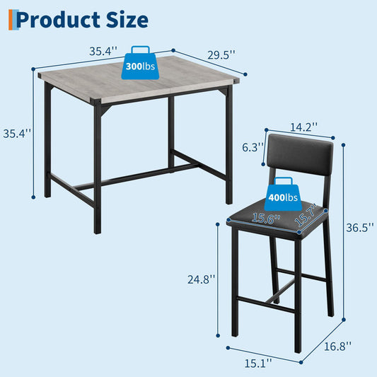Dining Table Set, Counter Height Table With 4 Upholstered Bar Stools Grey Top Black Chairs