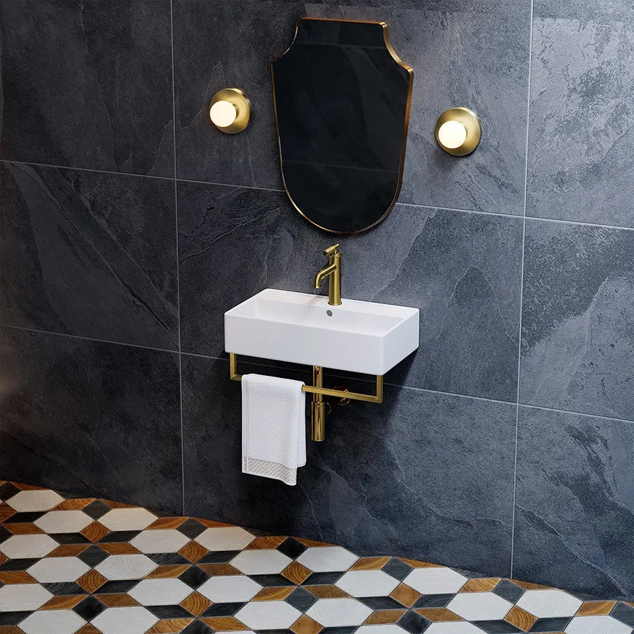 Swiss Madison Claire 22" Wall-Mount Bathroom Sink with Integrated Towel Bar, Rectangular Ceramic Basin, Space-Saving Modern Design, Single Faucet Hole, Glossy White with Brushed Gold