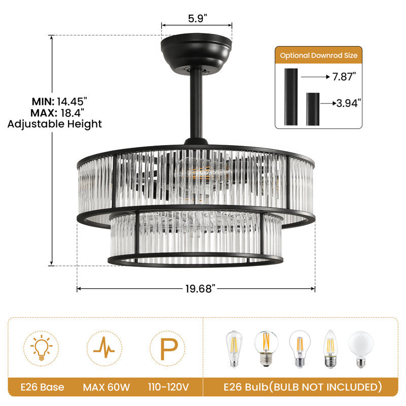 20-inch Mid-Century Crystal Chandelier Ceiling Fan with Light Kit and Remote Control Included