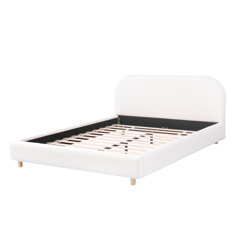 Lit plateforme capitonné en tissu bouclé, tête de lit incurvée, blanc, montage facile, format king size blanc