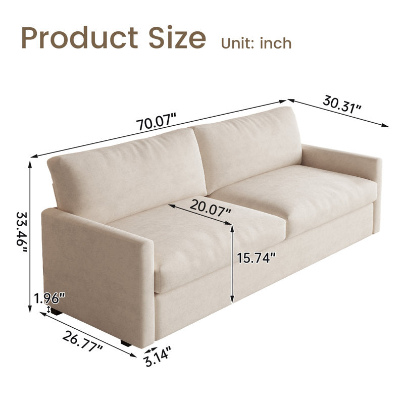Small 75" sofa bed, comfortable 2-seater cream white sofa, upholstered sofa for small spaces