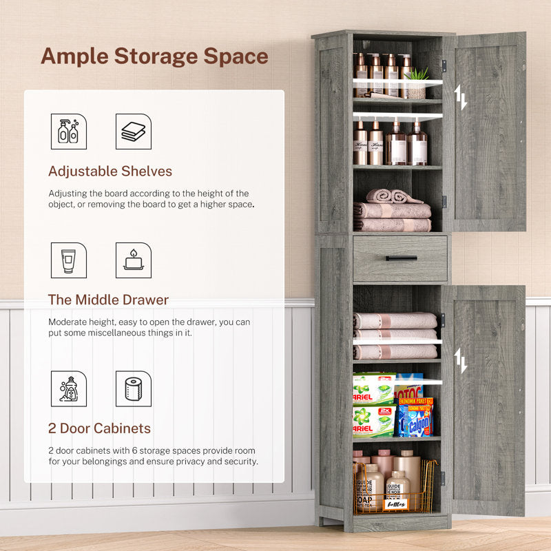 Armoire de salle de bain grise haute avec 4 étagères, 2 portes et 1 tiroir