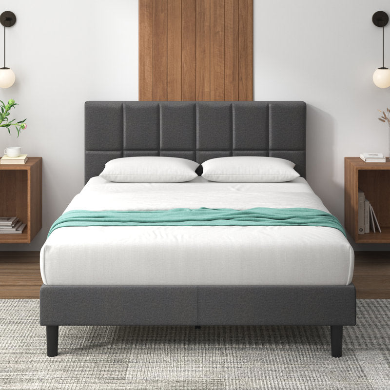 Lit plateforme capitonné Suhavi, style contemporain moderne (taille standard), gris foncé