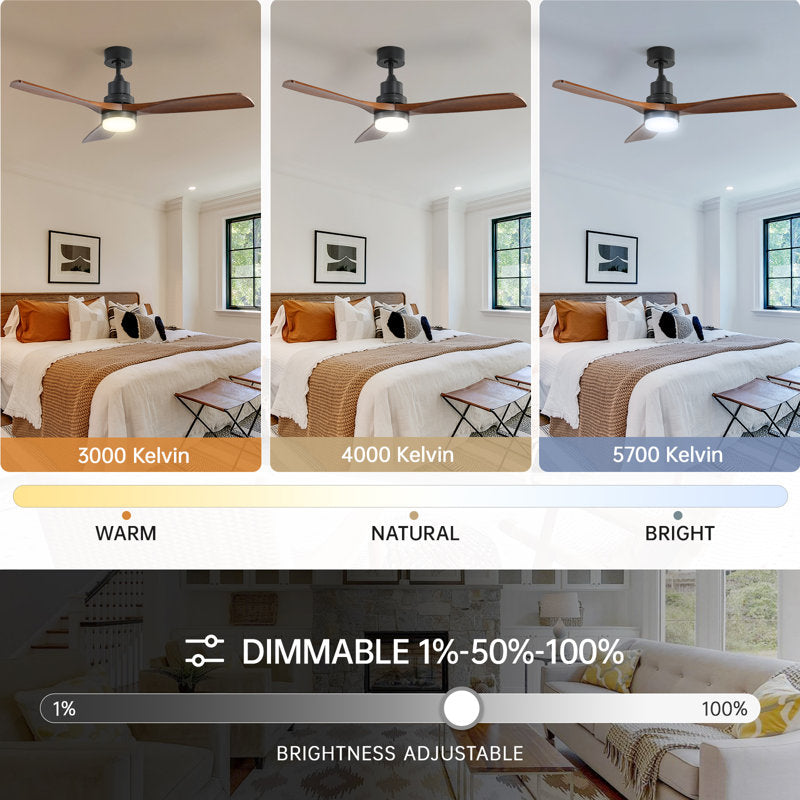 Ventilateur de plafond standard Shylo 5 pales de 132 cm (52 ​​po) avec éclairage LED intégré, noir et marron