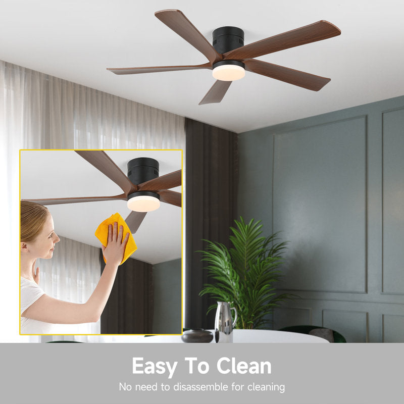 52-inch recessed ceiling fan with lights and remote control, wood grain effect farmhouse fan, stepless dimming, low-profile LED light, 6 speeds, reversible