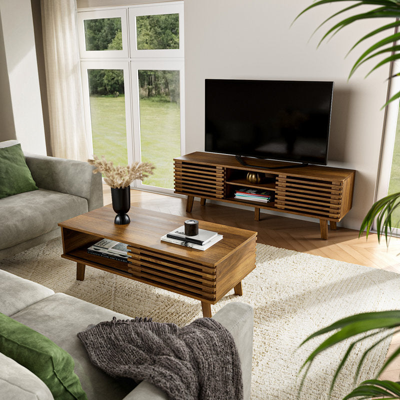 Meuble TV Caistor 59" pour téléviseurs jusqu'à 65", centre de divertissement moderne du milieu du siècle avec étagères, bois brun foncé
