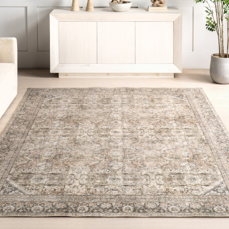 Tapis persan oriental vintage beige chiné fauve Delphine, 231 cm x 300 cm 