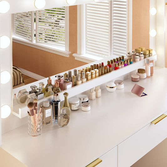 Coiffeuse avec grand miroir et éclairage, 9 tiroirs, prise électrique (BLANC)