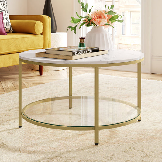 Round Coffee Table Rotherham with Storage black Marble Top With Glass Under  ( Gold and White )