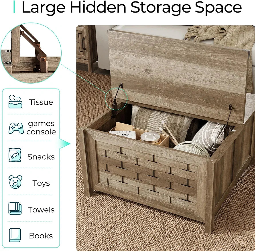 Farmhouse Coffee Table, 31.5" Square Center Table with Large Hidden Storage, Rustic Cocktail Table with Hinged Lift Top for Living Room