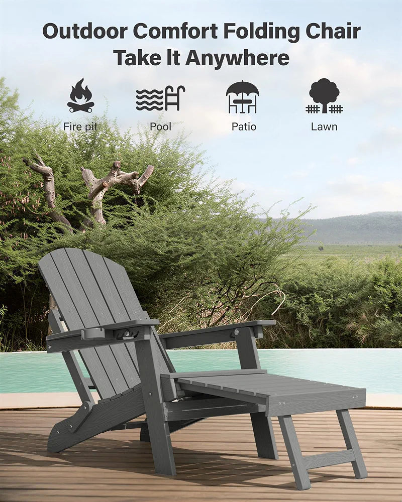 Adjustable Adirondack Chair with Footrest, 5-Level Adjustable Adirondack Chair with Retractable Ottoman & Cup Holder, Folding Adirondacks Chairs Use for Outdoor, Pool and Patio
