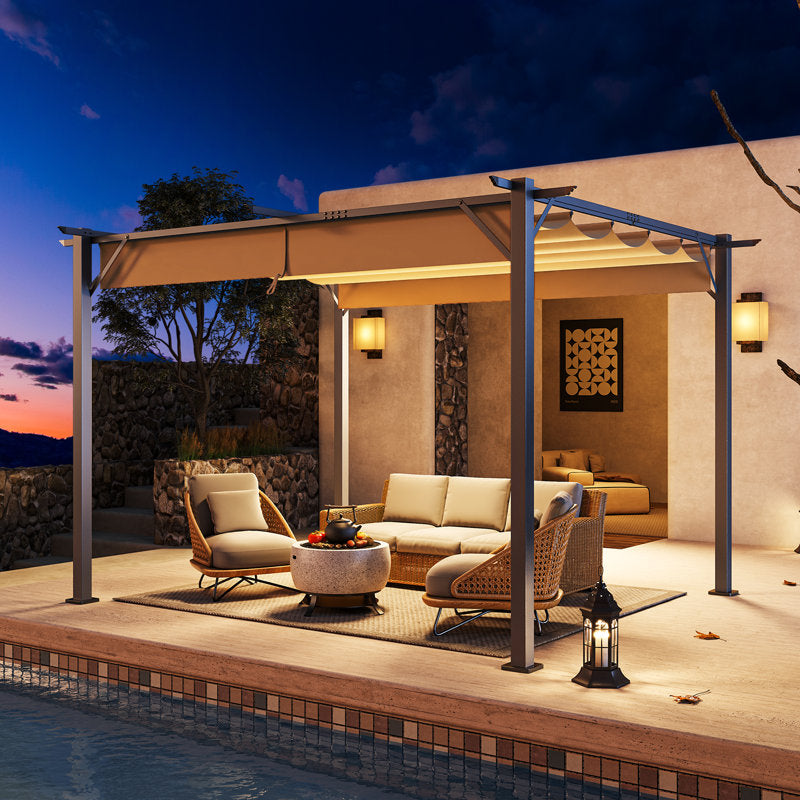 Outdoor metal pergola with retractable canopy and anchoring bracket, 8x8 ft D