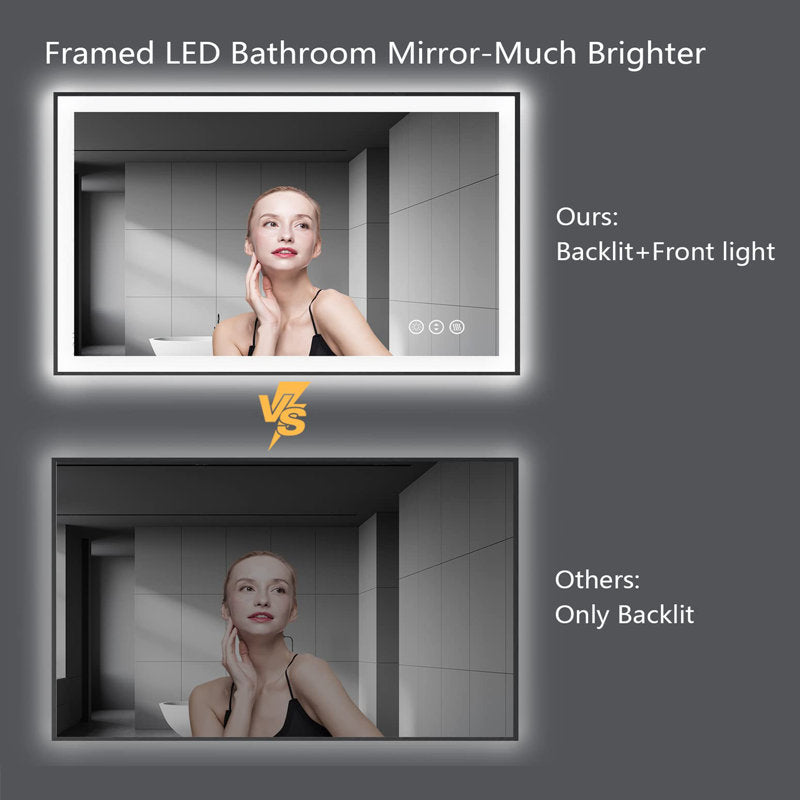 Miroir de salle de bain/coiffeuse Aevar Space en verre trempé antibuée, cadre en aluminium spatial, éclairage LED avant et arrière, 44 x 36 pouces