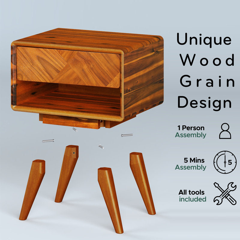 Laden solid acacia wood bedside table, bedside table with drawer and open shelf, Mid-Century Art Deco style end table
