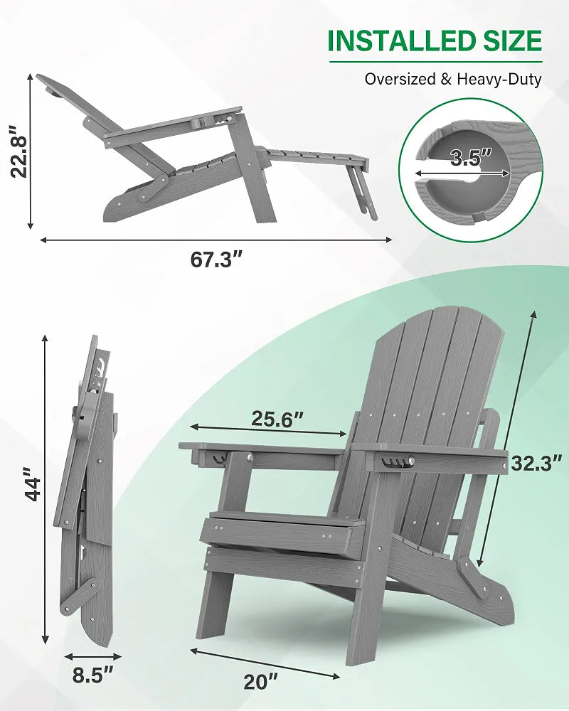 Adjustable Adirondack Chair with Footrest, 5-Level Adjustable Adirondack Chair with Retractable Ottoman & Cup Holder, Folding Adirondacks Chairs Use for Outdoor, Pool and Patio