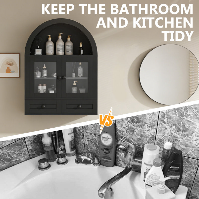 Arched wall cabinet with glass doors and drawers, curved storage cabinet above the toilet with adjustable shelf (black)