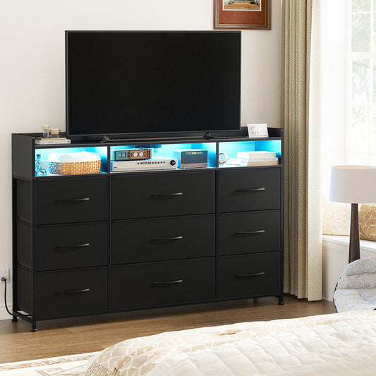 Commode Cheo à 9 Tiroirs avec Lumières LED et Prises Intégrées (Noir) - Liquidation Montréal