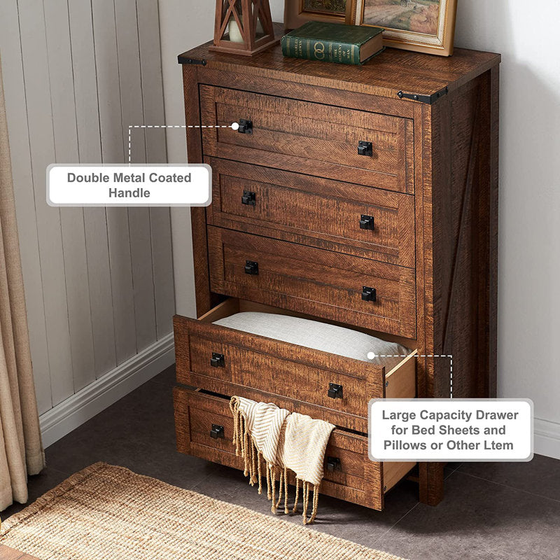 Commode haute rustique à 5 tiroirs Grantville House pour chambre à coucher