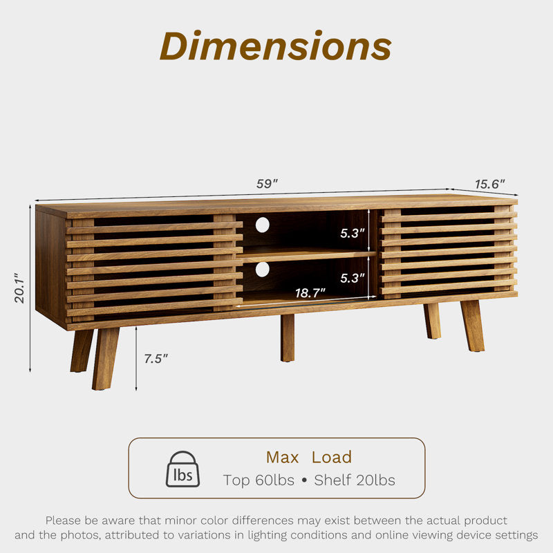 Meuble TV Caistor 59" pour téléviseurs jusqu'à 65", centre de divertissement moderne du milieu du siècle avec étagères, bois brun foncé