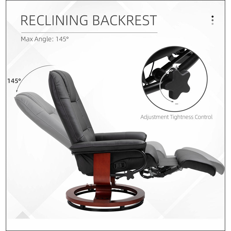 Fauteuil inclinable manuel en similicuir, fauteuil de salon pivotant réglable avec repose-pieds, accoudoirs et base en bois recouvert pour le salon