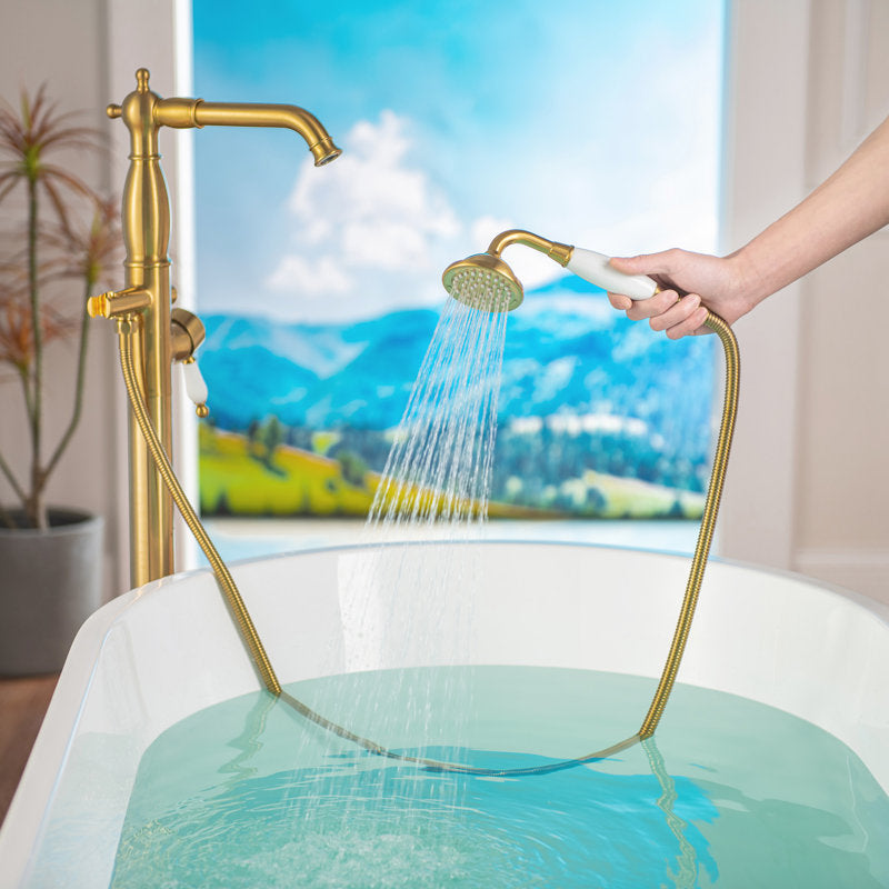 Robinet de baignoire sur pied à poignée unique (ensemble de douchette à main) OR BROSSÉ 