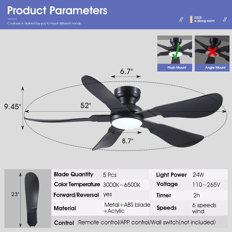52-inch recessed ceiling fan with light and remote control