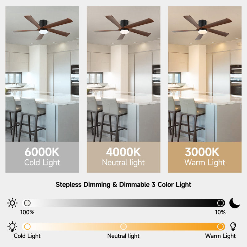 52-inch recessed ceiling fan with lights and remote control, wood grain effect farmhouse fan, stepless dimming, low-profile LED light, 6 speeds, reversible