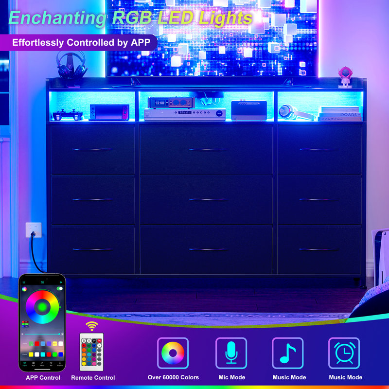 Commode Cheo à 9 tiroirs avec étagère ouverte à 2 niveaux, prise électrique et éclairage LED, commode de 43 pouces de largeur pour chambre à coucher (NOIR)