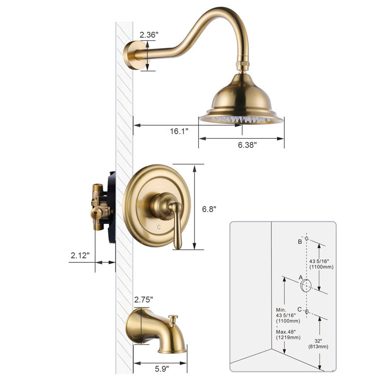 Système de douche à pression équilibrée 1,8 GPM avec robinet de douche, bec de baignoire et vanne d'encastrement en laiton TS09E61G
