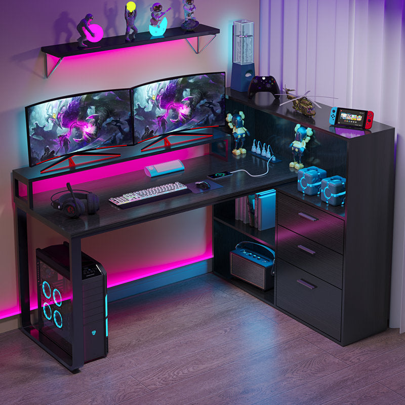 Bureau d'angle Jaemon avec lumières LED et 3 tiroirs